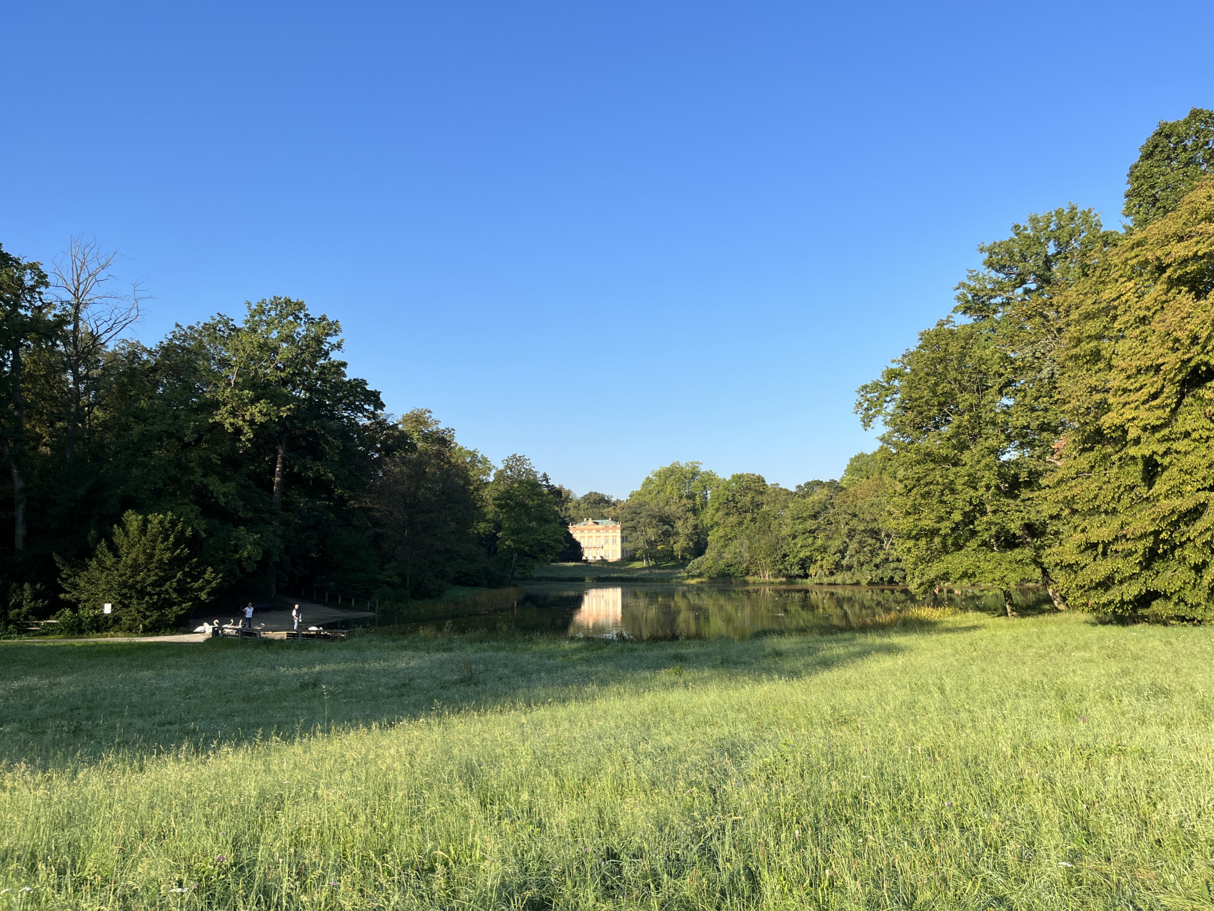 Blick über ein Wiesental mit See im Park Schönbusch, Foto: Sebastian Väth